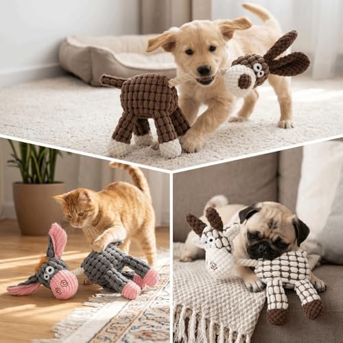 Pet Squeaky Chew Toy Interactive Durable Plush Dog Toy for Small Medium Large Breeds, Teeth Cleaning & Boredom Relief(Coffee Brown Dog)