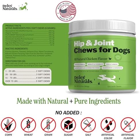 Deley Naturals Hip and Joint Supplement for Dogs - Glucosamine Chondroitin MSM & Collagen for Dogs - Dog Joint Supplement, Smaller Chews, Low Calories, Same Ingredients - 120 Chicken Flavor Chews
