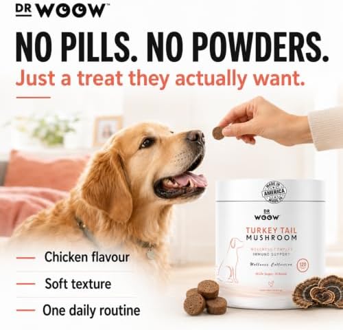Dr. Woow Turkey Tail Mushroom for Dogs | Immune Support Dog Supplements | Natural Soft Chews w/ 7 Mushroom Blend & 6 Probiotic Strain for Dog Joint Support, Gut Health, & Overall Wellness | 120 Chews