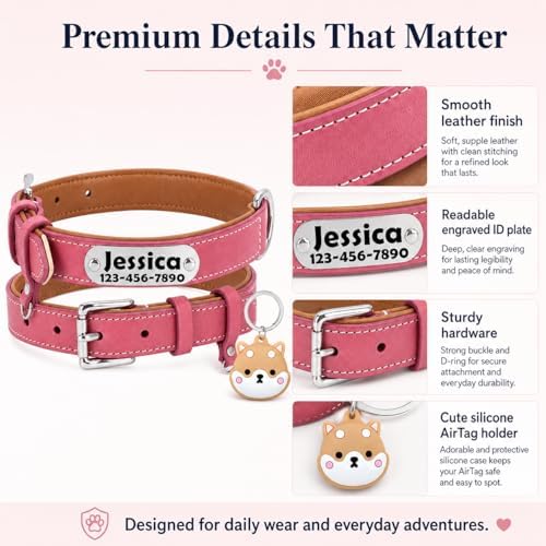 Personalized Leather Dog Collar with AirTag Holder Case, Custom Engraved Nameplate Dog Collar, Adjustable Genuine Leather Soft Padded Dog ID Collar for X-Small Small Medium Large X-Large Dogs-Pink-L