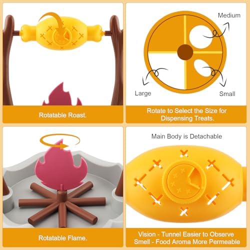 Cat Slow Feeder Puzzle Toy, Rotatable Campfire Roast & Flame Interactive Treat Dispenser for Indoor Cats, Dry Food/Treat Dispensing Enrichment Toy for Mental Stimulation and Slow Eating