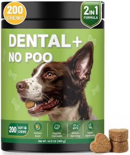 200 Ct 2-in-1 No Poo & Breath Chews for Dogs Stool Eating Coprophagia Deterrent Stop Dog Poop Eating Fresh Breath Reduce Plaque Tartar with Kelp Powder Zinc Probiotics Digestive Enzymes Chicken Flavor