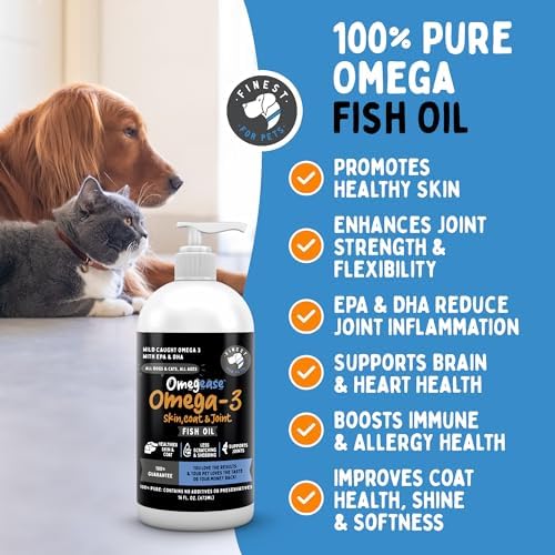 100% Pure Fish Oil for Dogs & Cats (1,545mg Omega 3 per Teaspoon) 32oz. Loaded with EPA & DHA for Joints, Skin & Coat, Itching, Heart & Immune Health. Stronger Than Salmon Oil. Unflavored Omegease.
