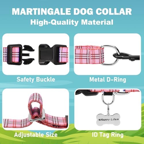 Martingale Collar with Quick Release Buckle Cute Girl Female Training Dog Collars (Pink Plaid, Medium)