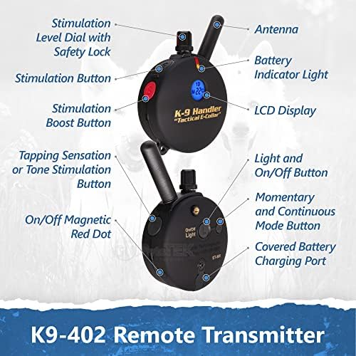 Educator K9-402 Two Dogs K9 Handler Professional E-Collar Training Collar with Remote - Up to 3/4 Mile Range, Waterproof, Rechargeable, 100 Stimulation Levels, Vibration, Tone, 33-Inch Bungee Collar