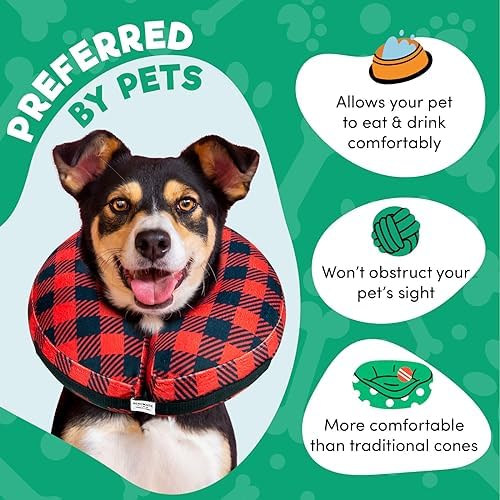 BENCMATE Inflatable Dog Cone Collar Alternative After Surgery Medium, Plaid