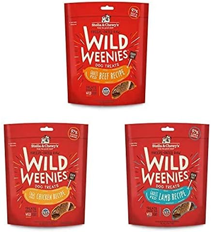 Stella & Chewy's Freeze-Dried Raw Wild Weenies Dog Treats (Bundle of 3, 3.25 oz. Bags) - Beef, Chicken, Lamb