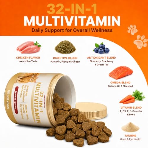 32-in-1 Multivitamin Soft Chews for Dogs & Cats, 180ct Chicken - Chelated Minerals, Omega-3, Taurine, B Complex - Skin & Coat, Immune, Digestive, Heart Support - Grain Free