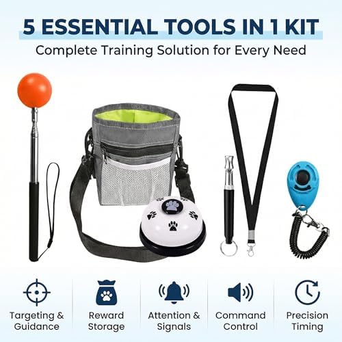 Pet Training Kit -Target Stick,Training Clicker,Whistle,Bell,Treat Pouch- Dog Training Equipment Tools, Agility Training Lure Course For Dogs,Cat Toilet Trainer Kit, Kitten Puppy Behavior Aids Trick
