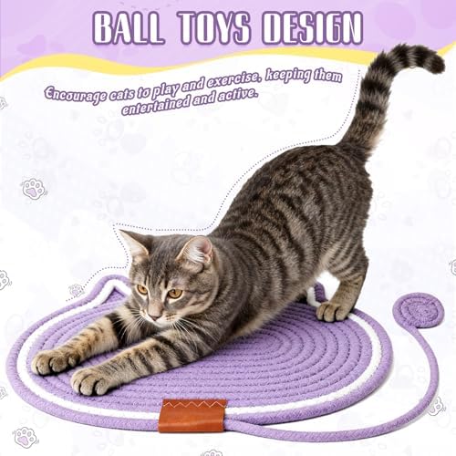Cat Scratcher Mat Natural Cotton Rope Oval Horizontal Floor Cat Scratch Bed Pad with Ball Toy Protector for Furniture Floor Wall (Brown, 1PC)