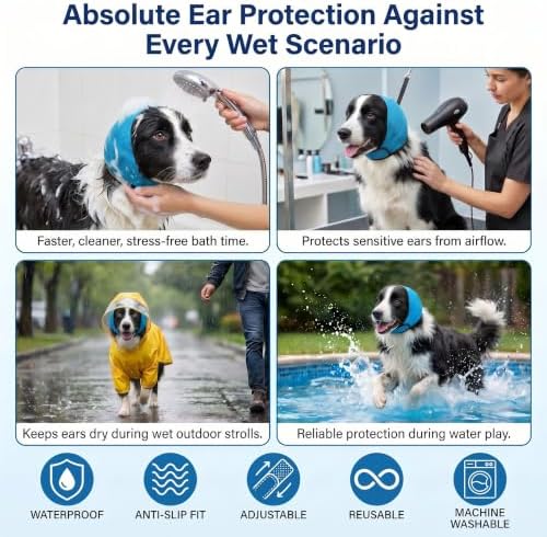 Waterproof Dog Ear-Cover for Bath: Keep Water Out During Bath Time - Reduce Ear Infection Risk By 97% - Anti-Slip Fit for Medium Breeds Cocker Spaniel/Beagle/Springer Spaniel