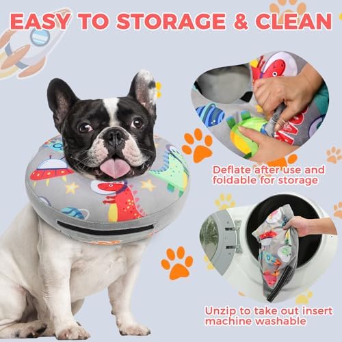 PAWCHIE Inflatable Dog Cone Collar Alternative, Soft Dog Cone for Medium to Large Dogs After Surgery, Adjustable Neck Recovery E-Collars Donut Collar with Cute Dinosaur Prints, Grey L