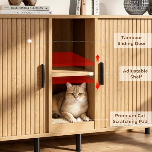 58" Double Cat Litter Box Enclosure, Large Hidden Litter Box Furniture for 2 Cats with Cat Scratch Pad, Wooden Modern Indoor Cat House with Double Room, TV Stand, Side Table, Natural