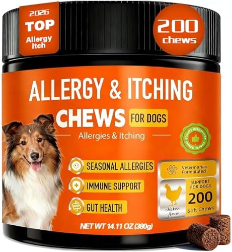Dog Allergy Chews 200 Ct - Itch Relief for Dogs Immune Support with Colostrum Probiotics Seasonal Allergies Anti-Itch Skin & Coat Supplement, Itchy Skin & Paw Relief Bites - Chicken Flavor