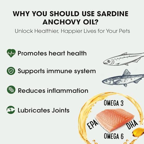 Sardine Anchovy Oil | 1296mg Omega | Unscented Pharmaceutical Grade | For Dogs & Cats | BPA-Free Brushed Aluminum Epoxy Coated Bottle with Pump 33 OZ