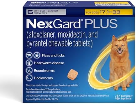 NexGard Plus (afoxolaner, moxidectin, and pyrantel) Flea and Tick Protection & Heartworm Preventive for Dogs Soft Beef Flavored Chewables, 17.1-33 lbs. (Gold) 6 Chews (6 Month Supply)