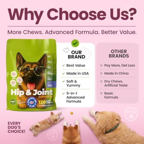 Glucosamine for Dogs Hip & Joint Supplement, Dog Glucosamine Chondroitin for Dogs, MSM & Turmeric – 120 Dog Joint Supplement Chews for Large & Small Breed