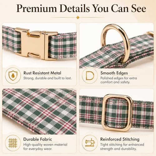 Soft Cotton Dog Collar Classic Plaid Pet Collars with Metal Clasp for Small Dogs with Sensitive Skin, Heritage Red Green
