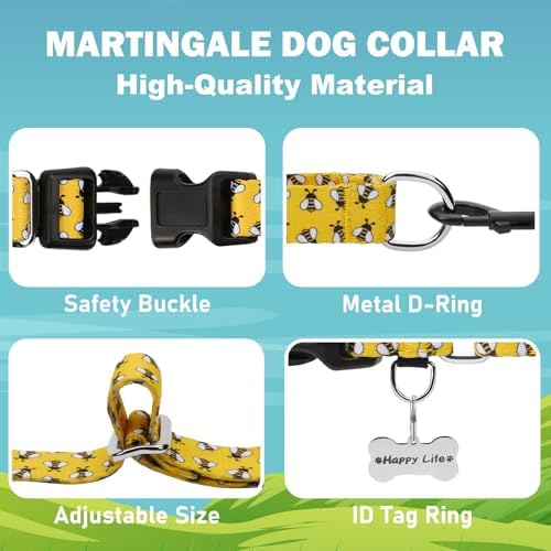 Martingale Dog Collar with Buckle Yellow Bee Dog Collar Adjustable Cute Design Patterns (Bee, Large)