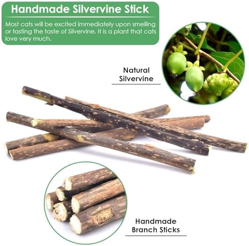 Bissap 12 PCS Silvervine Chew Sticks for Cats, Catnip Chew Sticks Cat Toys for Indoor Cat Kitten Teeth Grinding Interactive Feather Toys for Aggressive Chewers Dental Care