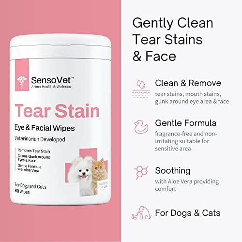 Tear Stain Remover Eye Wipes for Dogs & Cats, Cleans Eye Boogers and Gunk Discharge, Facial Cleansing with Aloe Vera (Fragrance Free)