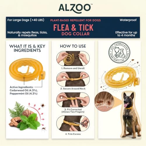 ALZOO Plant Based Flea & Tick Dog Collar - Helps Repel Fleas, Ticks & Mosquitoes - 100% Plant-Based Active Ingredients - Waterproof - Up to 4 Months Protection - Medium-Sized Dogs: 16-40 lbs - Single