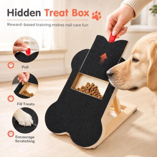 Dog Nail Scratch Board with Treat Dispenser, Wooden Nail File Board for Large Medium Small Dogs, Anti-Slip Sandpaper Pad, Pet Nail Grinder Alternative, Claw Trimmer Tool with Replacement Paper
