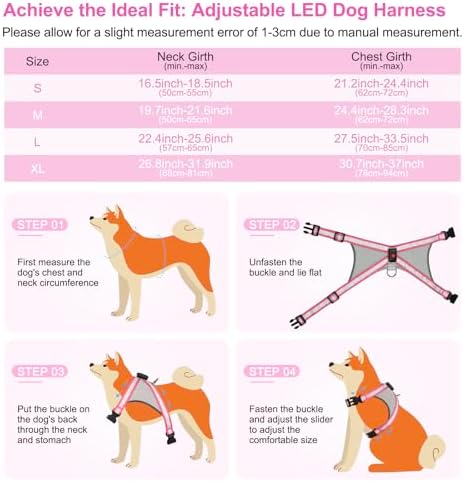 Visinite LED Dog Harness, USB Rechargeable Light Up Dog Vest, 2 Illuminate Modes Glow in The Dark Dog Harness, Adjustable Lighted Pet Harness Light for Night Walking Safety (Pink, XL)