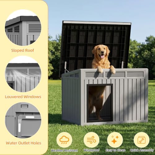 VIXZEN Dog House Indoor Outdoor,Waterproof Dog House for Small to Large Dogs,Doghouse with Air Vents and Elevated Floor,Openable at the Top,Easy to Assemble and Clean,Deep Gray