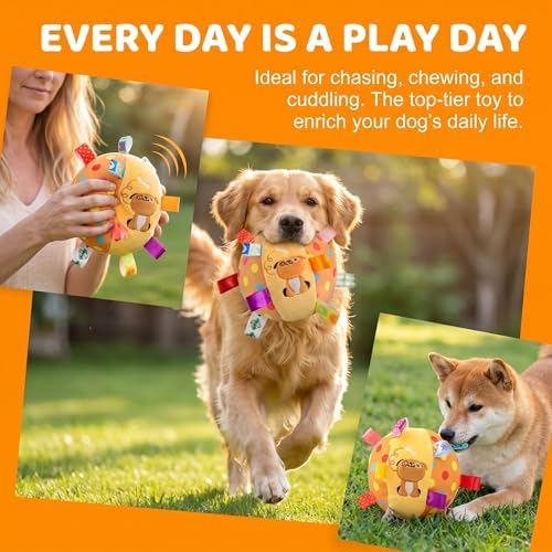 Colorful Squeaky Hanging Dog Training Toy, 6-Inch Squeaky Hanging Dog Toy, Soft Stuffed Ball with Cotton Material, Built-in Bell, Interactive Tug Chew Toy for Small Medium Dogs Indoor Play Fun (#E)