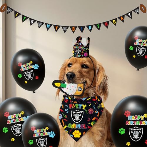 NFL LAS Vegas Raiders Dog Birthday Party Set 10pcs with 1 Football Bandana Large/X-Large, 1 Crown Hat, 1 Banner, 1 Birthday Cake Toy & 6 B-Day Balloons, Dog Birthday Set, Costume, Fun Doggie Pawty
