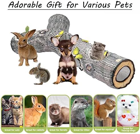 Cat Tunnels for Indoor Cats - Interactive Tree Trunk Cat Activity Play Tunnels with Peek Holes, Collapsible Pet Tube Puzzle Hunt Chase Training Center Toys for Kitten, Ferret, Small Animals