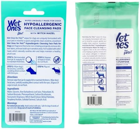 Wet Ones for Pets Hypoallergenic Face Cleansing Pads, Fragrance-Free, 3.2 in Round, 50 ct + Hypoallergenic Dog Wipes with Vitamins A, C & E, Fragrance-Free, 100 ct Pouch Bundle