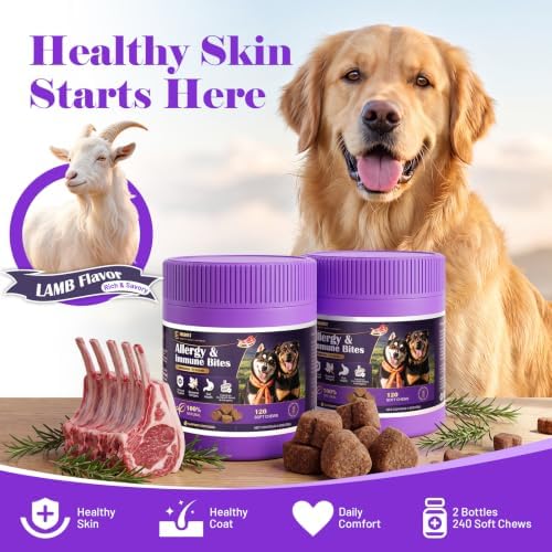 Dog Allergy Chews for Dogs - Skin & Coat, Digestive Health & Immune Support, Lamb Flavor, 2 Bottles, 240 Soft Chews