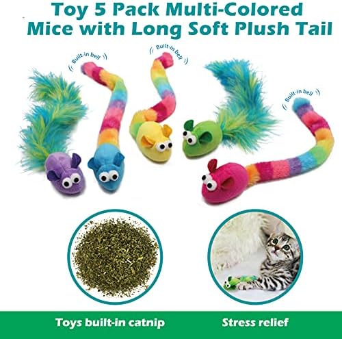 Jumpaws 5 Pack Interactive Catnip and Feather Cat Toys, Multi-Colored Mice with Long Feather Tail, Accessories for Indoor Cat, Catnip Plush Toys with Natural Feathers and Rattles