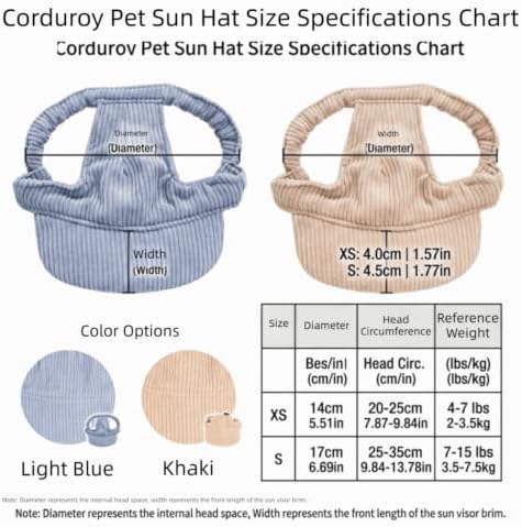 Pet Sun Hat for Dogs and Cats, Corduroy Baseball Cap with Adjustable Chin Drawstring, Ear Cutouts, Summer Outdoor Shade(XS,Khaki)