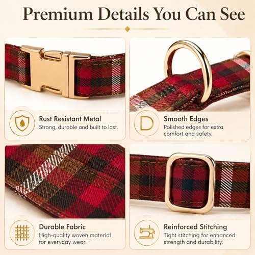 Soft Cotton Dog Collar Classic Plaid Pet Collars with Metal Clasp for Large Dogs with Sensitive Skin, Vintage Red