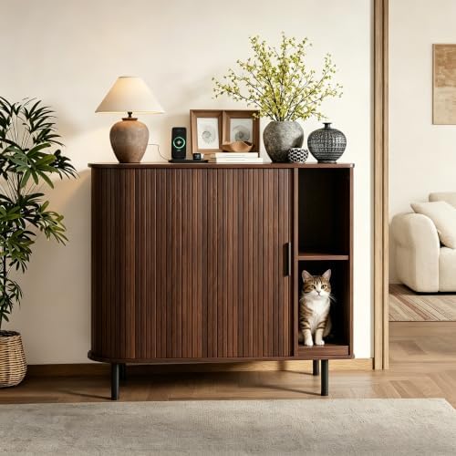 Large Cat Litter Box Enclosure with Scratch Pad, 42.6'' Hidden Litter Box Furniture for Automatic self-Cleaning Litter Boxes, Sliding Door, Adjustable Shelf for Dog Proof, Charging Station, Walnut