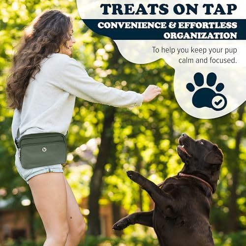 Puppington 3-in-1 Crossbody Bag & Dog Treat Pouch for Pet Training - Matching Compostable Poop Bags, Built-In Poop Bag Dispenser & Slow-Feeding Travel Dog Bowl - Dog Walking Bag (Basil Green)