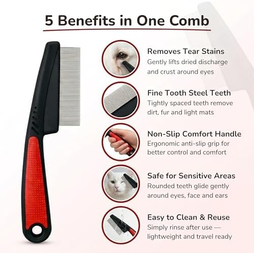 Pets&Goods Stainless Steel Tear Stain Remover Comb – Fine Tooth Grooming Tool for Dogs & Cats with Non Slip Handle, Removes Loose Fur and Dirt, Safe Gentle Cleaning