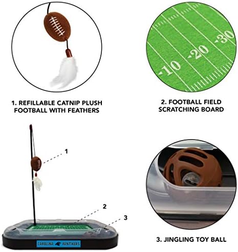 Pets First NFL Carolina Panthers Football Field Cat Scratcher & Plush Football Toy with Catnip & Feather. Interactive Jingle Bell Ball Cat Chasing Toy