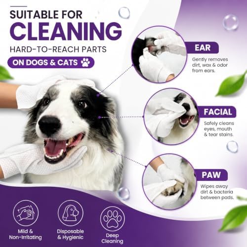 Pet Glove Wipes for Dogs & Cats, 30Pcs Deodorizing Cleaning Gloves with Coconut Oil, Vet Recommended Hypoallergenic Bathless Grooming Wipes for Paws, Body & Ears, No-Rinse