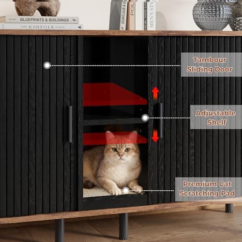 58'' Double Cat Litter Box Enclosure with Sliding Door, Black