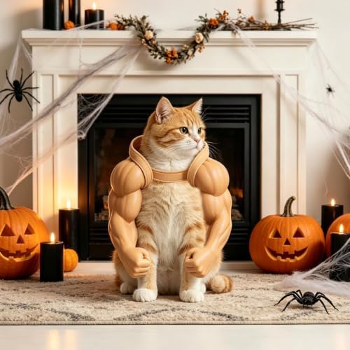 Cat Muscle Arms Pet Costume, Funny 3D Printed Buff Design, Lightweight Adjustable Neck Hanging Shoulder Outfit with Big Biceps Hands, Halloween Cosplay Photo Prop for Cats & Small Dogs, Large