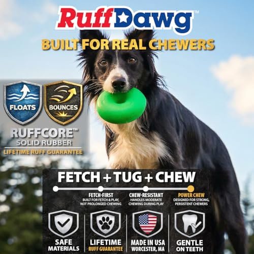 Ruff Dawg Dawg-Nut Medium 3.5” Yellow – Heavy-Duty Solid Rubber Donut Dog Chew Toy for Dogs Under 40 lbs – Floats & Bounces – Made in USA
