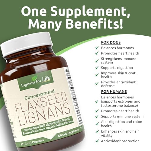 Lignans For Life Flaxseed Lignans for Dogs + SDG - Omega 3 Fatty Acids, High Fiber Antioxidants Helps Improve Shiny Coat, Digestive & Heart Health Lignans, 35mg, 90 Flaxseed Capsules, 2 Pack