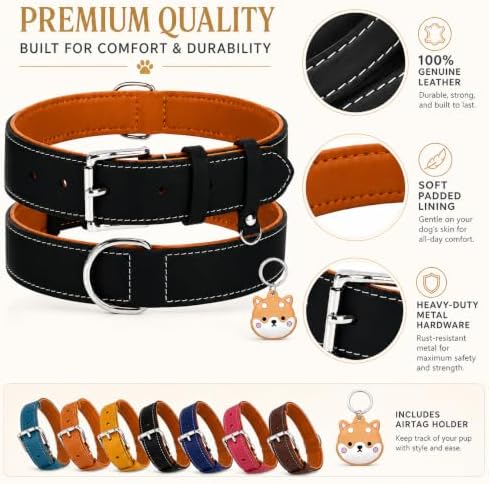 Genuine Leather Dog Collar, Soft Padded Leather Dog Collars with Airtag Holder Case for Small Medium Large X-Large Dogs,Comfort Heavy Duty Pet Collar with Durable Metal Buckle & D-Ring-Black/XS