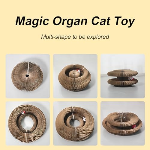 Kitty Curlz Cat Toy, Magic Organ Cat Interactive Scratcher Cardboard with Bell Ball, Foldable & Changeable Accordion Shape Exercise Anxiety Relief Toy for Indoor Cats(2PCS)