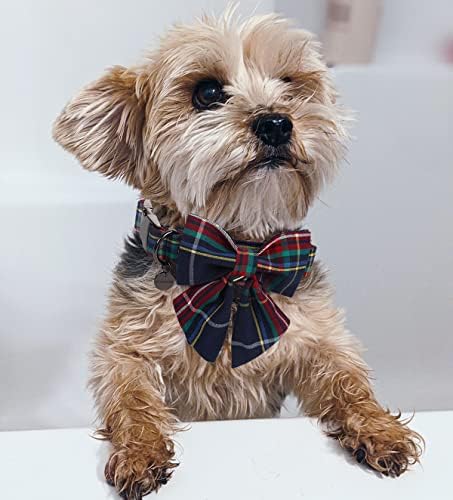 DOGWONG Christmas Dog Collar with Sailor Bow tie, Red Blue Plaid Dog Collar Soft Durable Adjustable Cotton Blue Tartan Gingham Puppy Collar for Small Medium Large Dog
