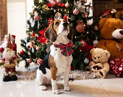 DOGWONG Christmas Dog Collar with Sailor Bow tie, Red Plaid Dog Collar Soft Durable Adjustable Cotton Red Green Tartan Puppy Collar for Small Medium Large Dog